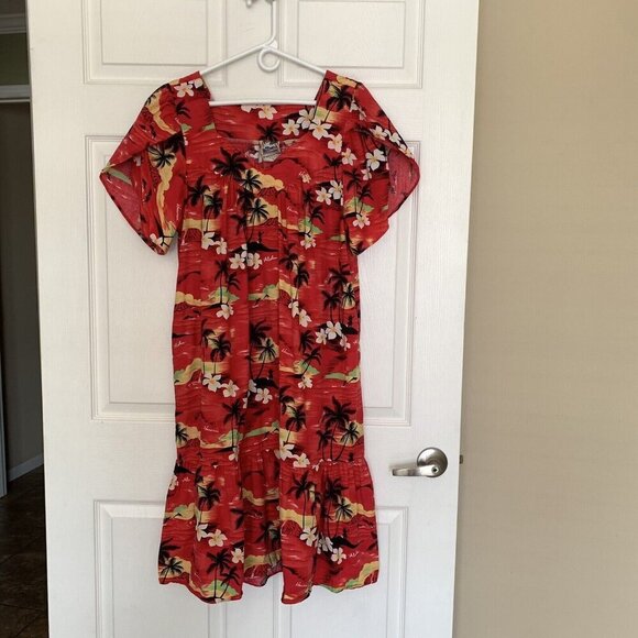 Vintage Hawaiian Togs Red Mumu Dress Large Palm Trees Hibiscus - Picture 5 of 15